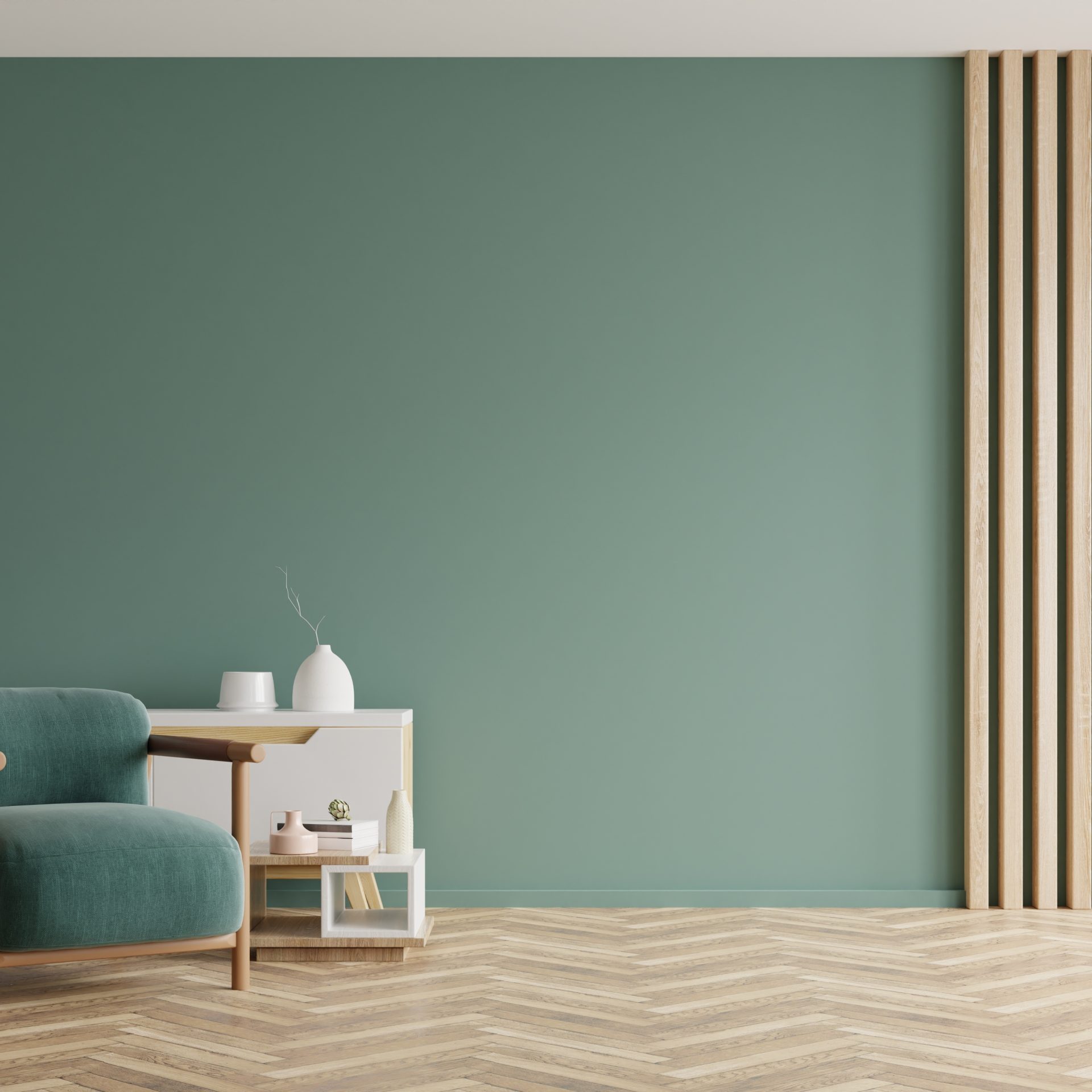 Living room with green armchair on empty dark green wall background.3d rendering