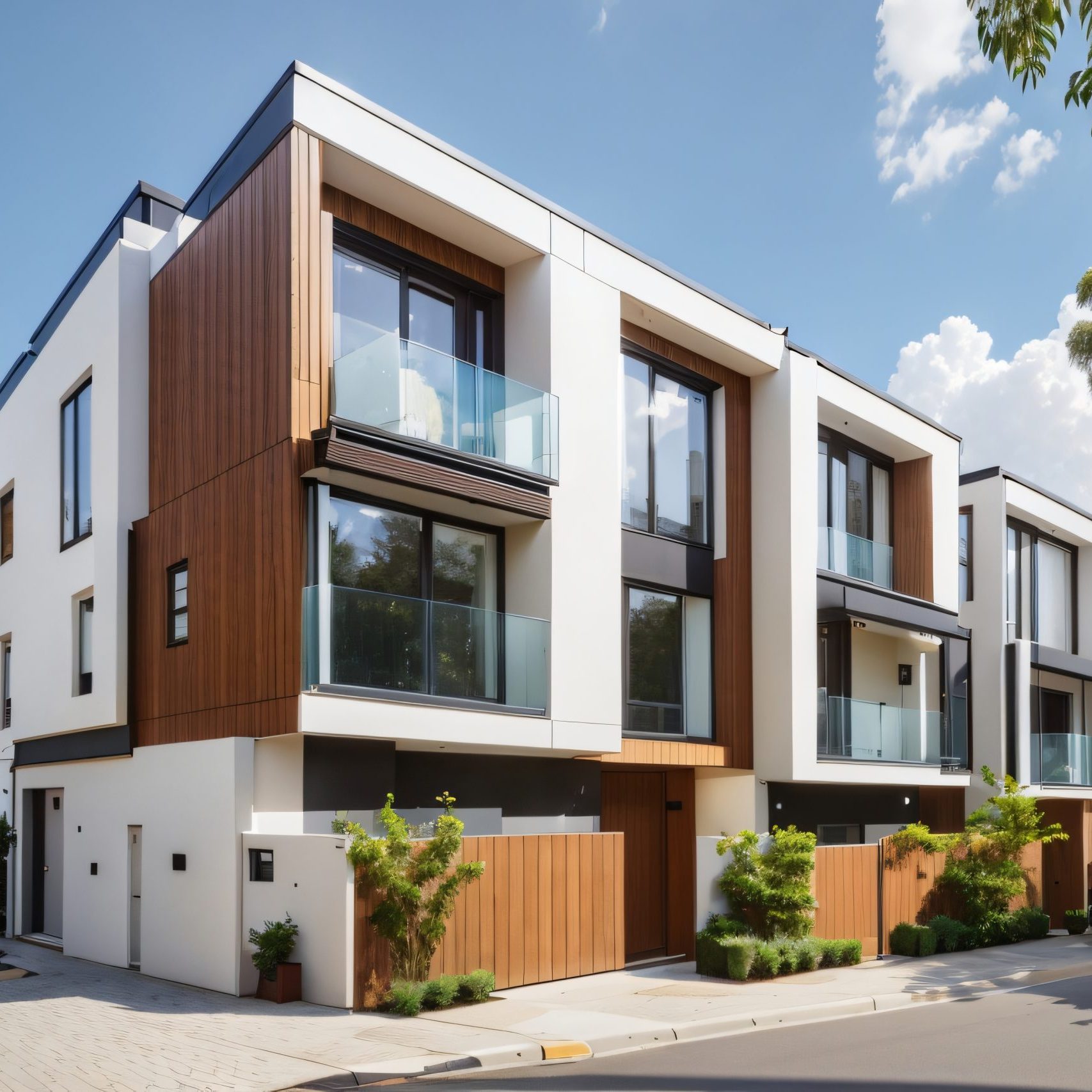 Street with modern modular private townhouses. Appearance of residential architecture